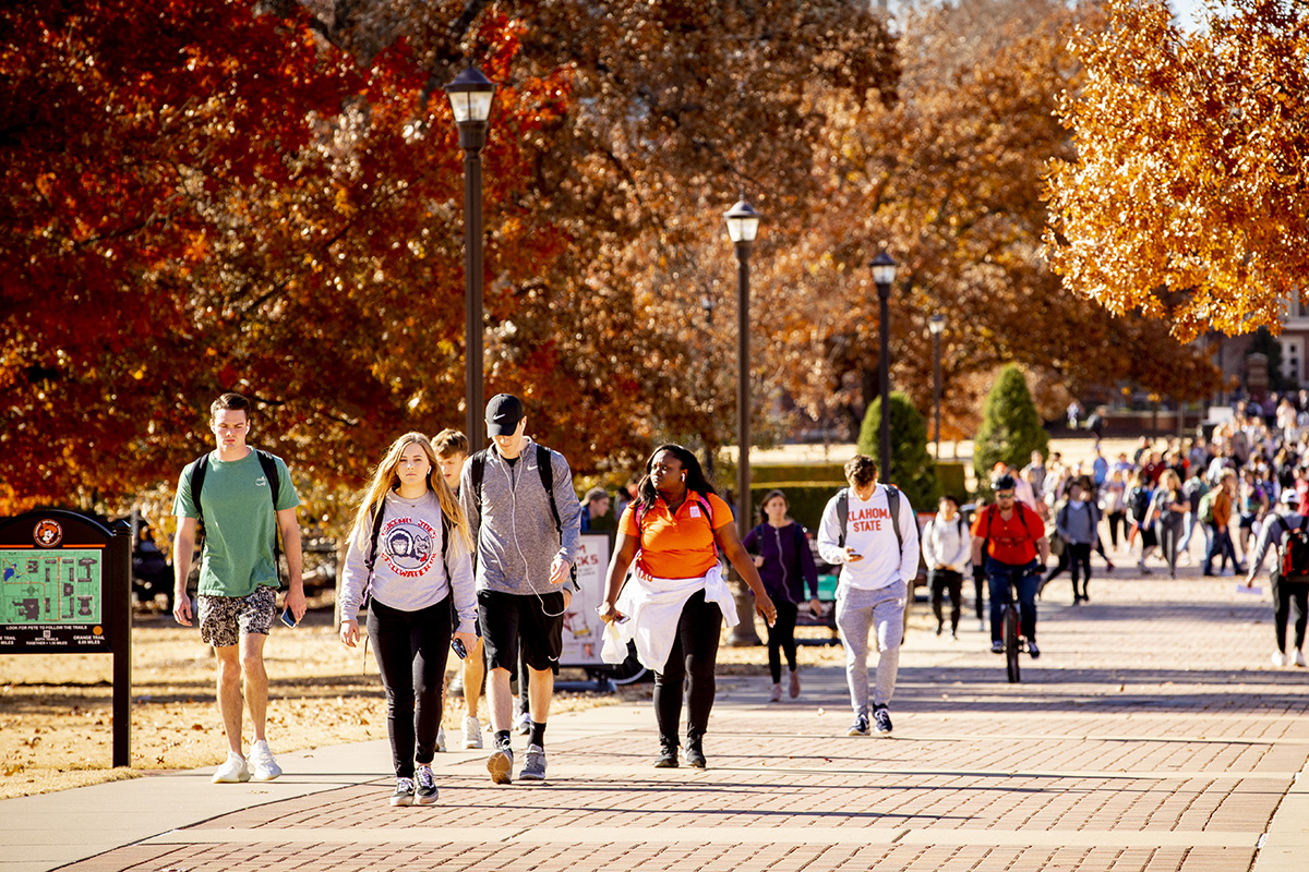 Students walking or biking to class.